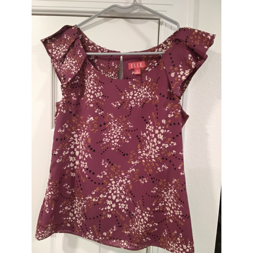 Elle Womens XS Plum Purple Abstract Floral Polka Dot Pleated‎ Cap Sleeve Blouse